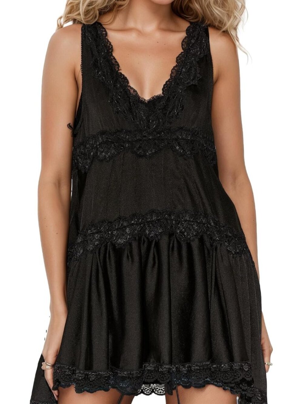 Womens Lace Mini Dress Slip Dress V-Neck Summer Y2k Ruffle Hem Flowy Swing Boho